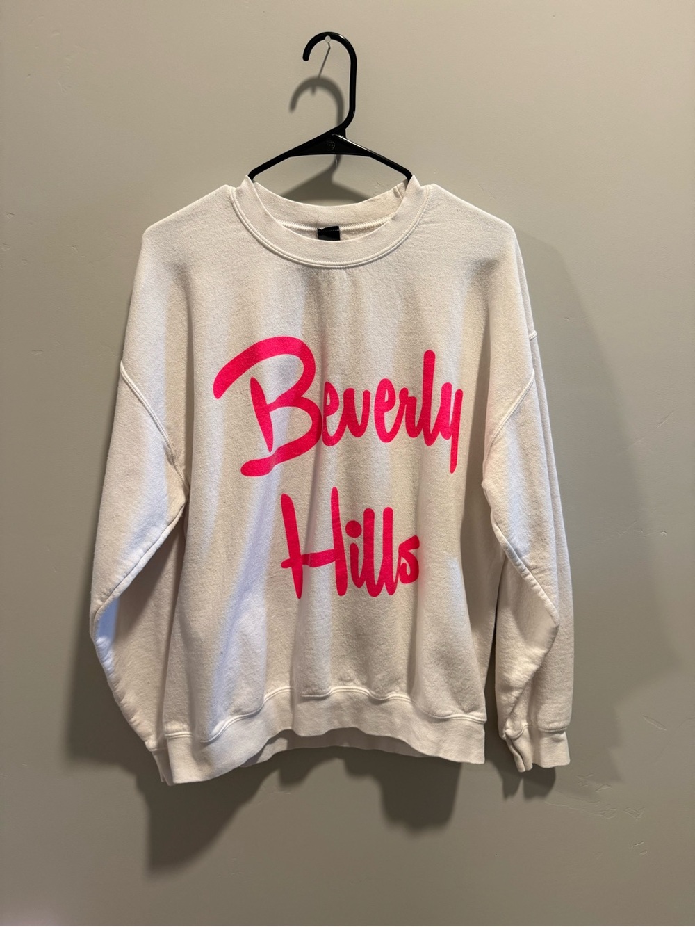 Sweet Claire White Crewneck Sweatshirt with Hot Pink "Beverly Hills" Script